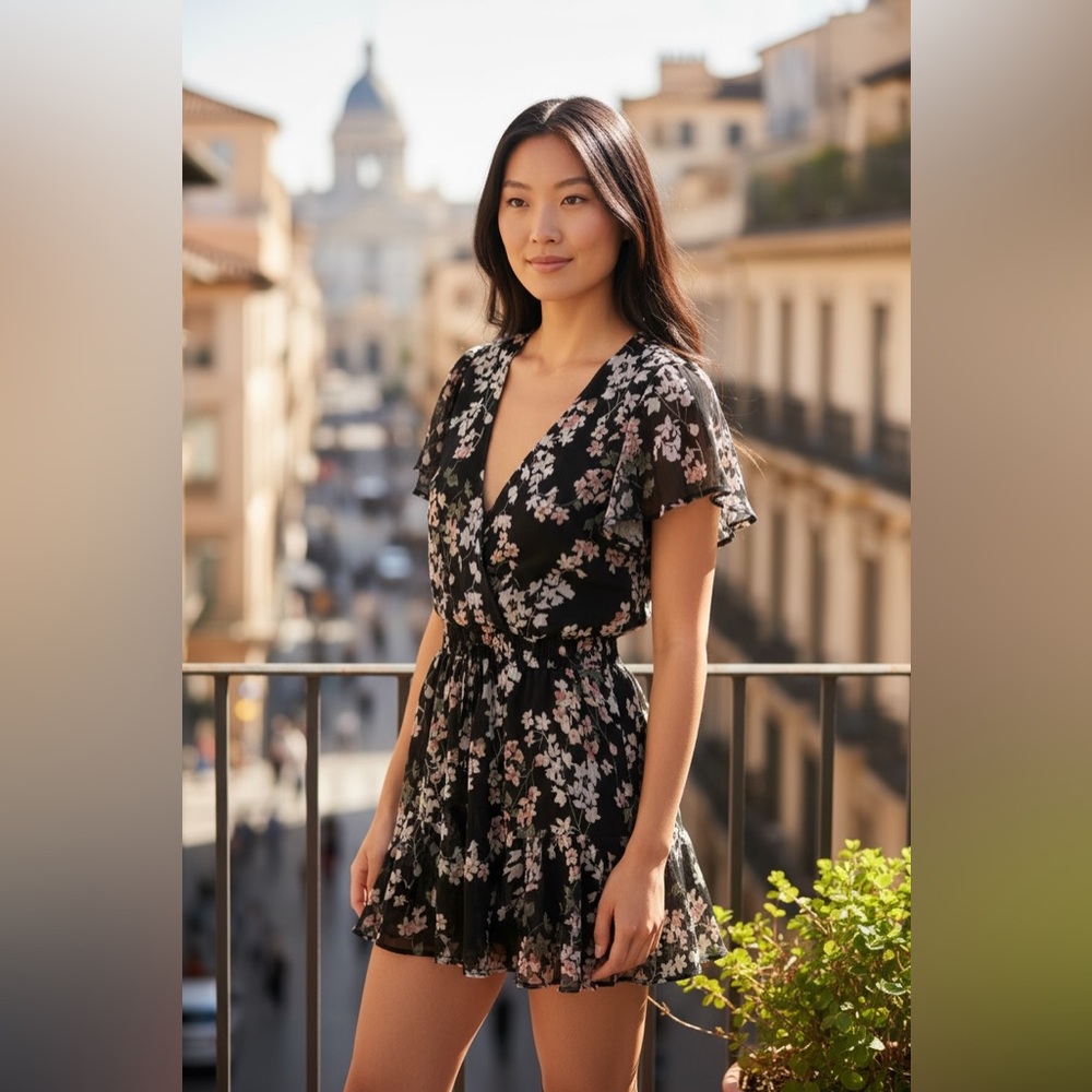 Black Floral Romper | Short Sleeve | Lightweight Summer Romper size medium